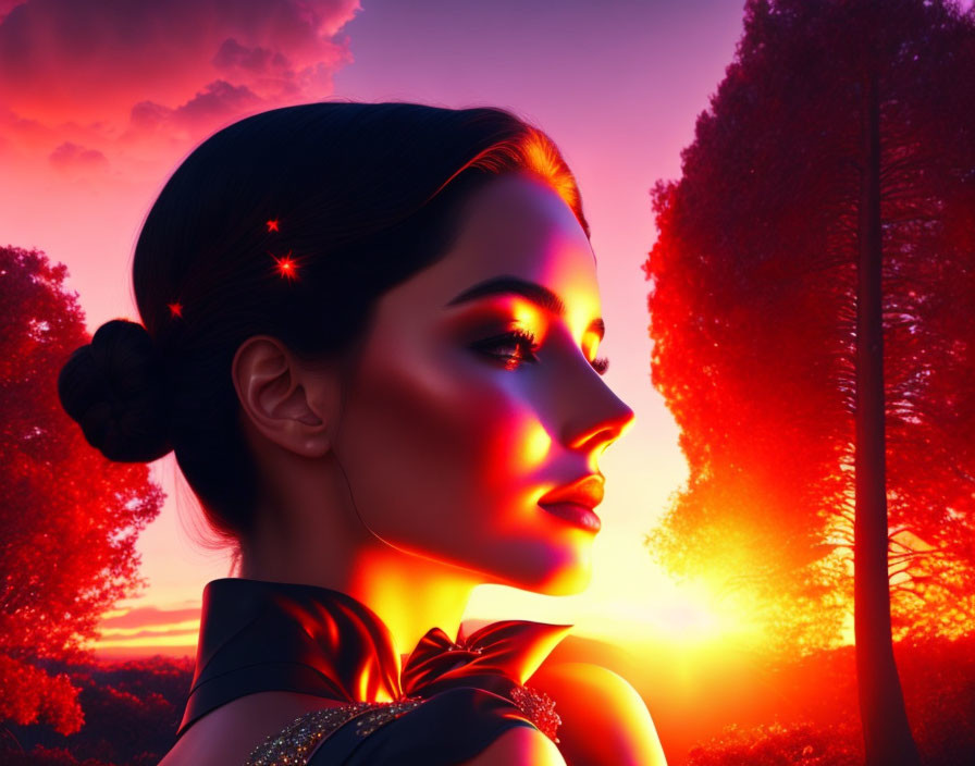 Woman with sleek bun gazing at sunset sky