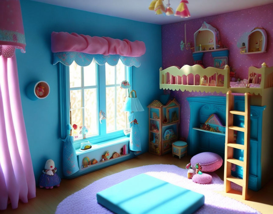 Blue-themed dollhouse room with bed, window, toys, and ladder