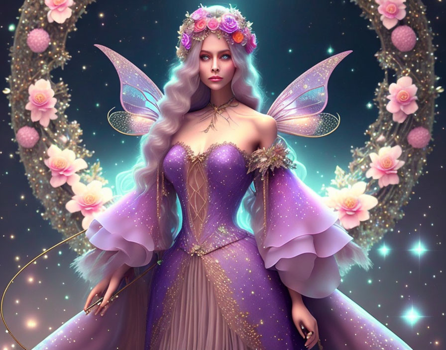 Purple Attired Fairy Surrounded by Glowing Flowers and Stars