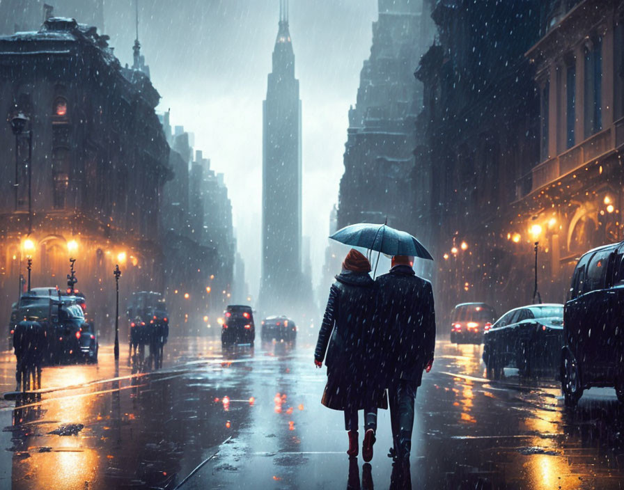 Couple sharing umbrella in rainy city street with cars and skyscraper.