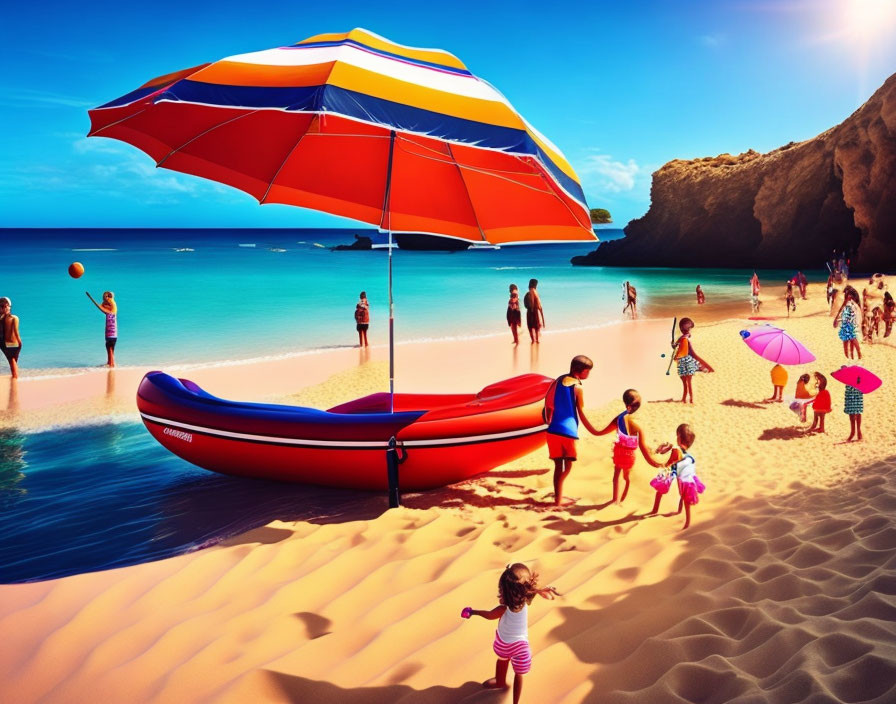 Colorful Beach Scene with People, Umbrellas, Boat, and Clear Skies