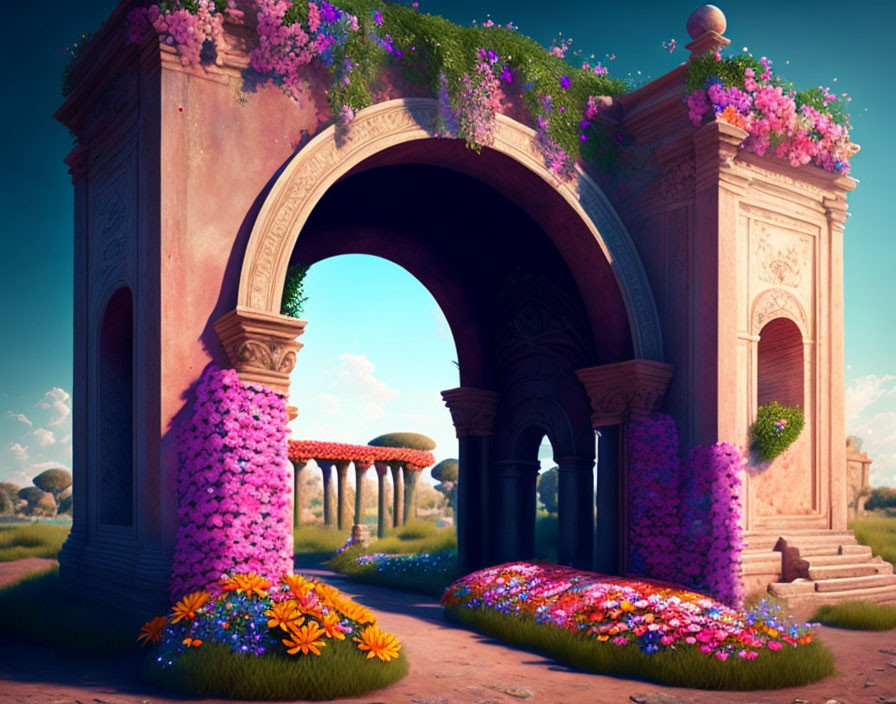 Fantastical landscape with vibrant flowers and mushrooms