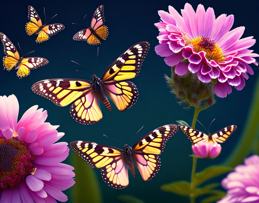 Colorful Monarch Butterflies on Pink Gerbera Daisies in Blue Setting