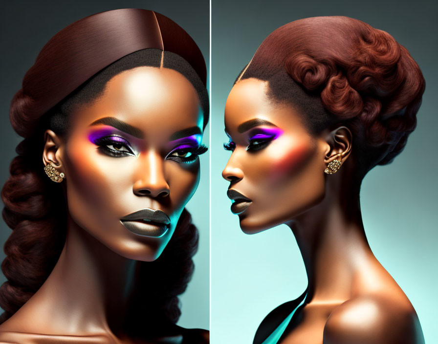 Dual portraits of woman with purple eye makeup and high hair bun on teal backdrop