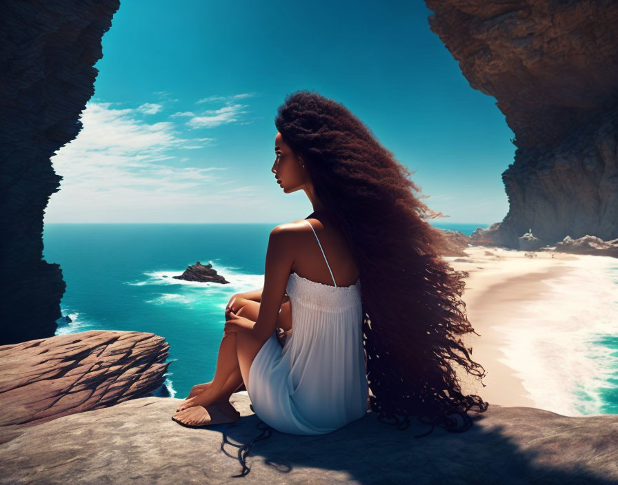 Woman with Long Curly Hair Overlooking Scenic Beach