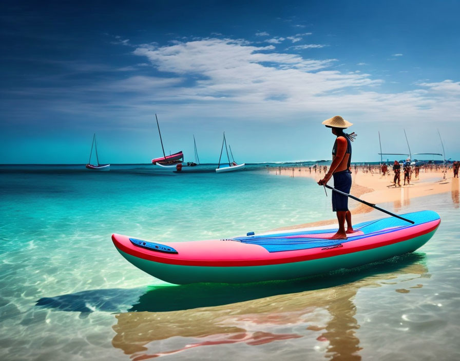 Stand-Up Paddleboarder on Clear Blue Water Beach