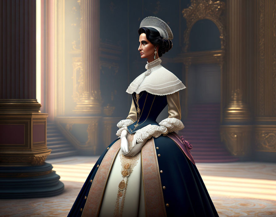 Victorian-era lady in elegant attire in luxurious room