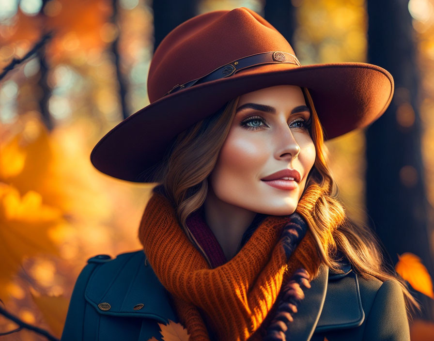 Woman in wide-brimmed hat and scarf surrounded by autumn leaves.