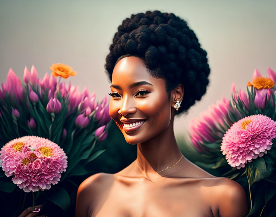 Smiling woman with afro hairstyle among pink flowers