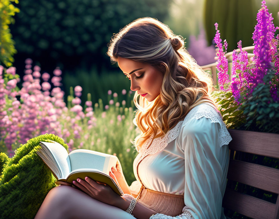 Woman with braided hair reading book in garden with purple flowers at golden hour