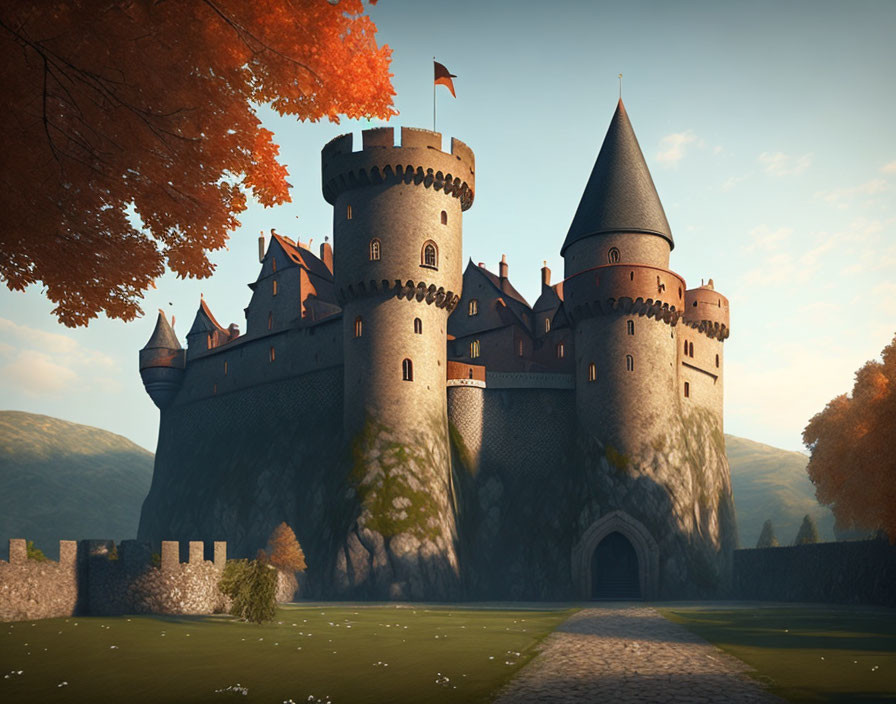 Medieval castle with towers and battlements in autumn forest landscape