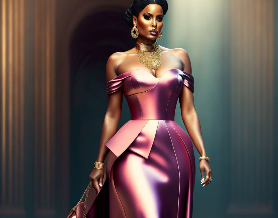 Purple Satin Gown with Gold Jewelry and Column Backdrop