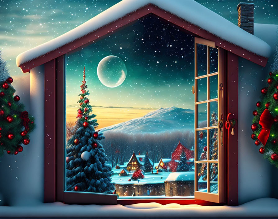 Winter night: full moon, snow-covered houses, decorated trees, falling snowflakes.