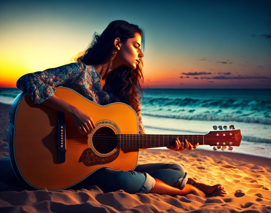 Woman with guitar on beach at sunset with waves and blowing hair