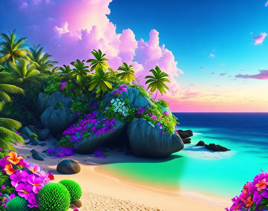 Tropical beach scene with azure water and colorful sunset sky