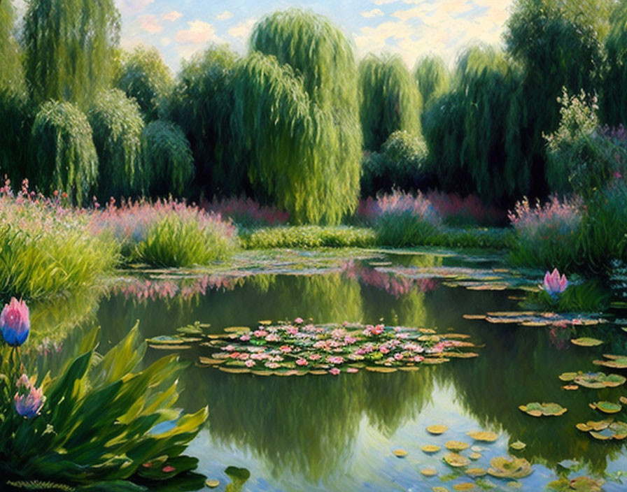 Tranquil landscape: pond with water lilies and lush greenery