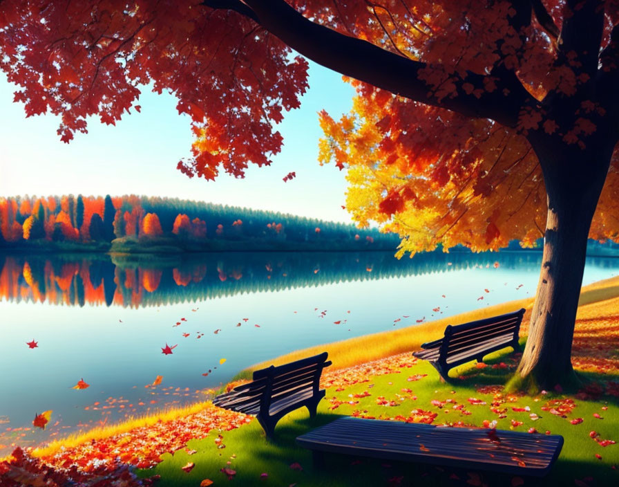 Colorful Autumn Trees, Empty Benches, Lake, Blue Sky - Tranquil Nature Scene