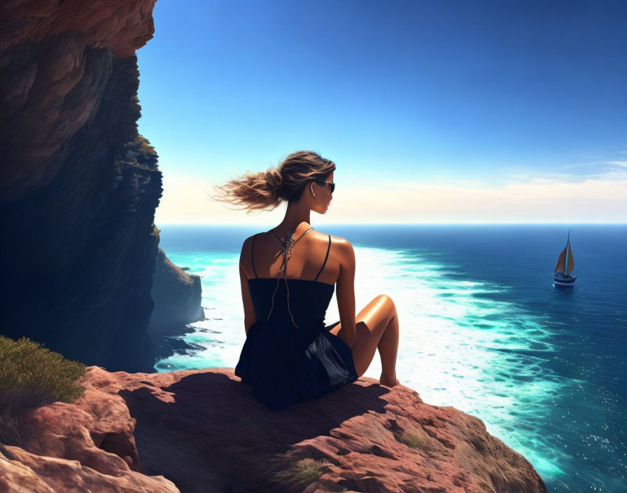 Woman on cliffside gazes at sea with sailboat in distance