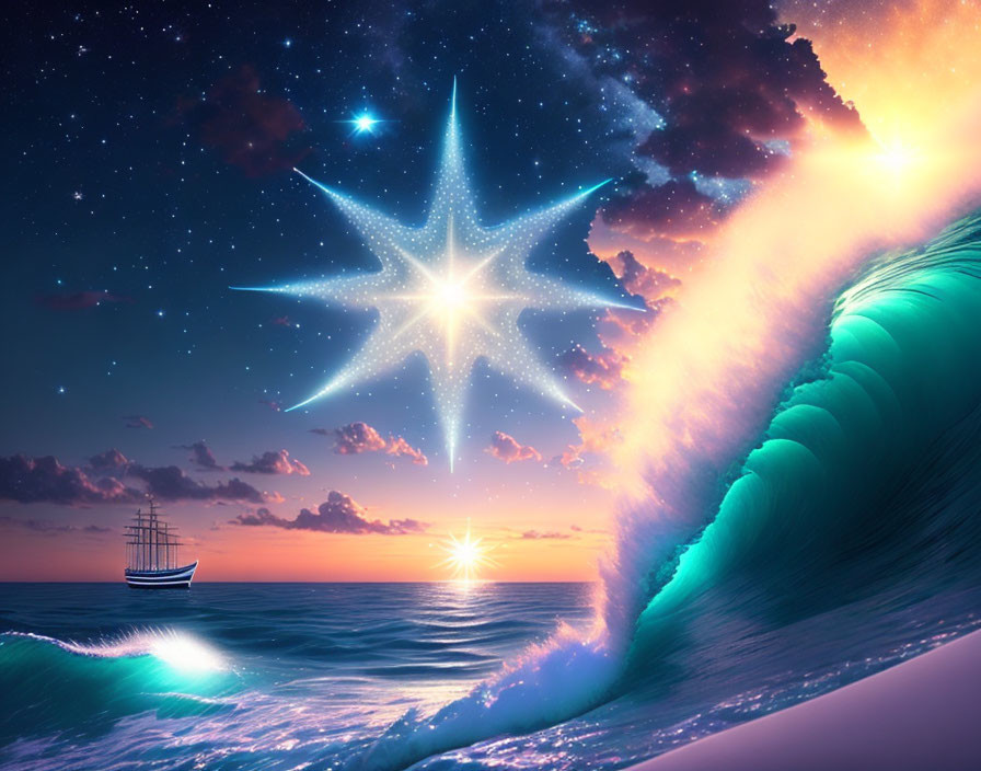 Vibrant twilight sky with glowing star, surreal ocean wave, sailing ship, setting sun.