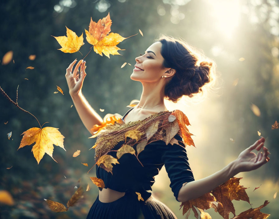 Joyful woman in sunlit forest with falling autumn leaves