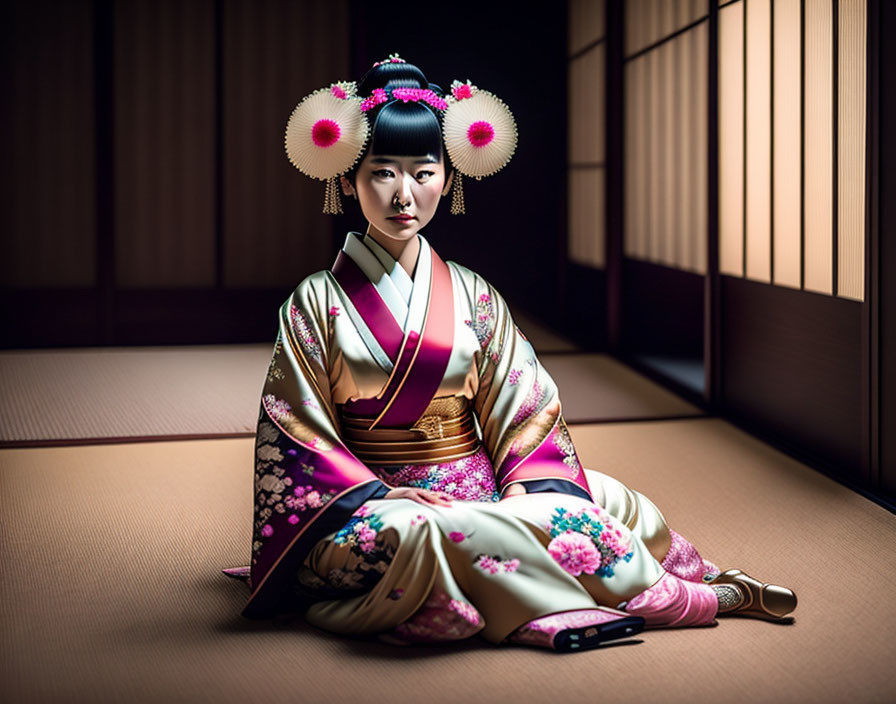 Traditional Japanese woman in elaborate attire sitting on tatami floor