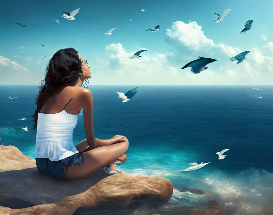 Woman in white top and blue shorts sitting on cliff edge by the sea with flying birds under clear blue