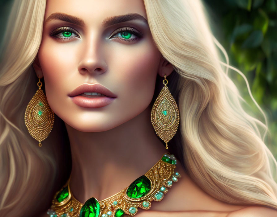 Blonde woman with green eyes and gold jewelry portrait