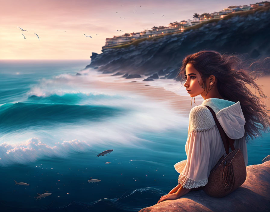 Woman on Cliff Overlooking Turbulent Sea at Sunset