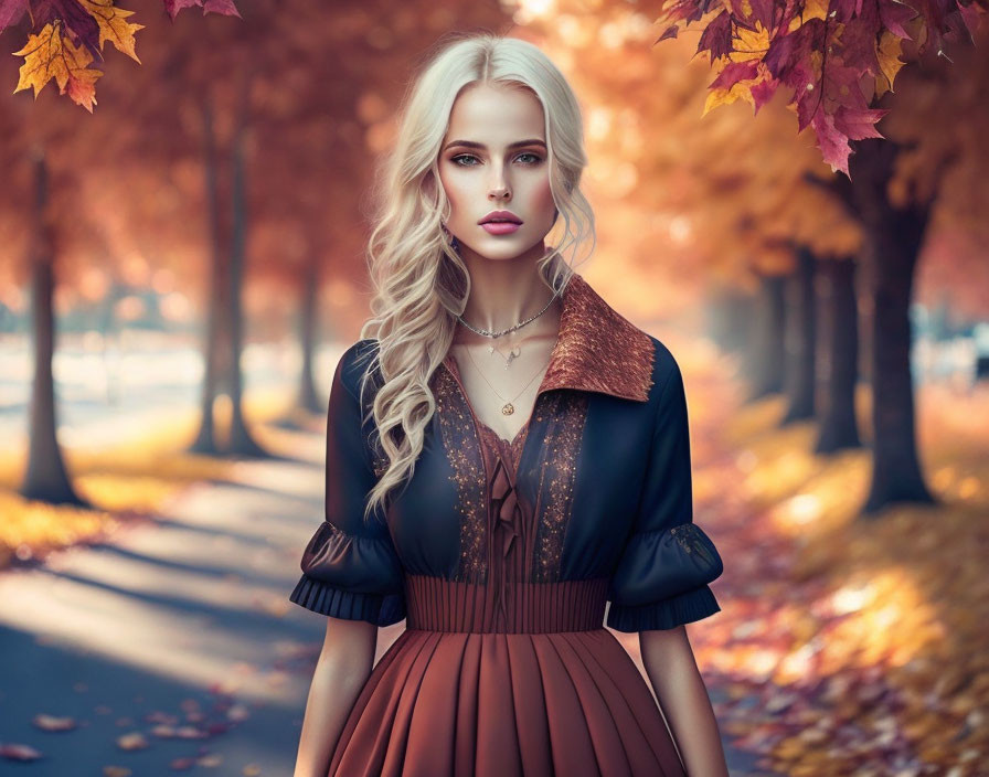 Blonde woman in brown and black dress among autumn trees