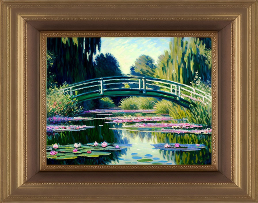 Tranquil pond with water lilies and arched bridge in framed impressionist painting