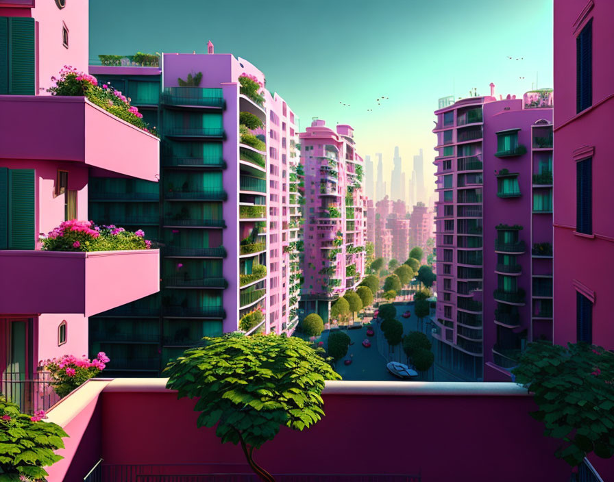 Colorful cityscape: pink and green high-rise buildings, lush balconies, tree-lined street,