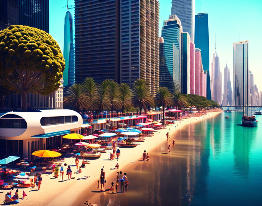 Colorful umbrellas, palm trees, skyscrapers at vibrant city beach