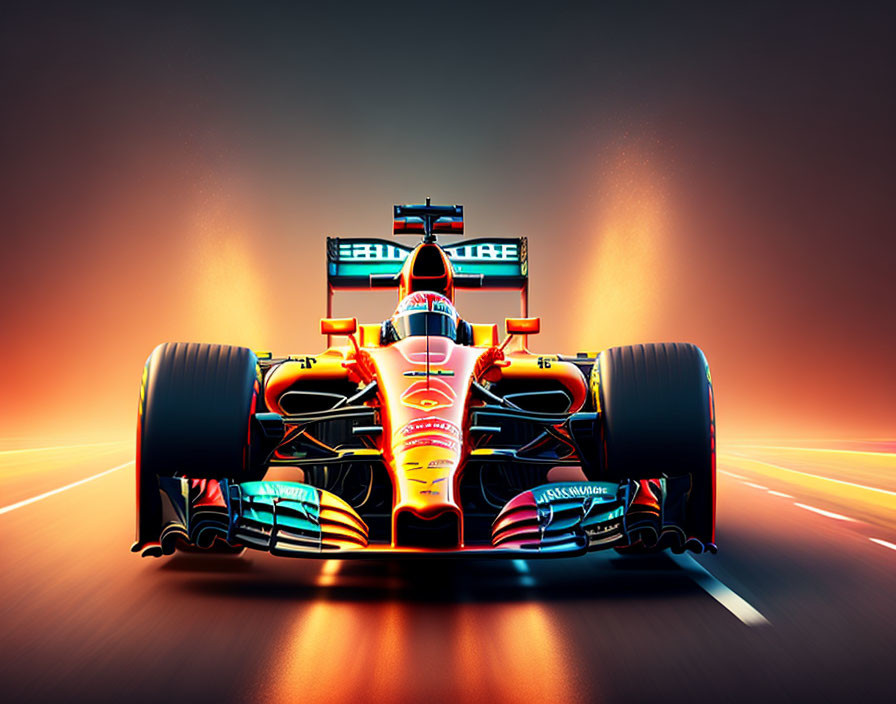 Dynamic Formula 1 car on track with orange and teal color scheme