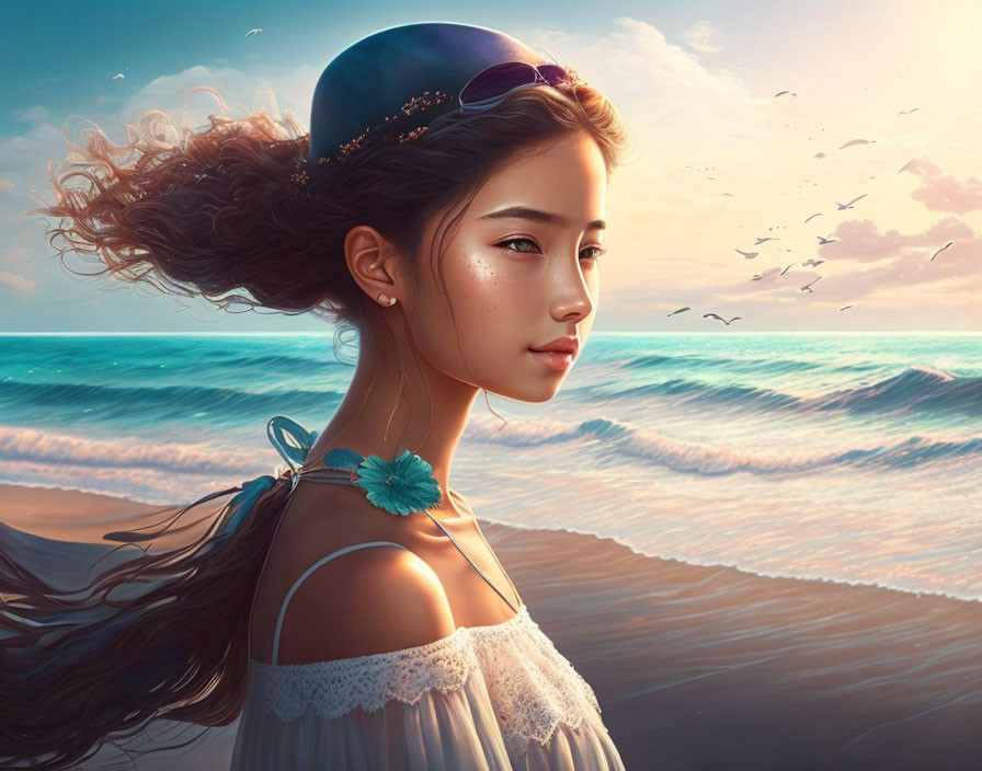 Digital artwork: Young woman with flowing hair and cap, gazing at sunset over tranquil ocean with birds