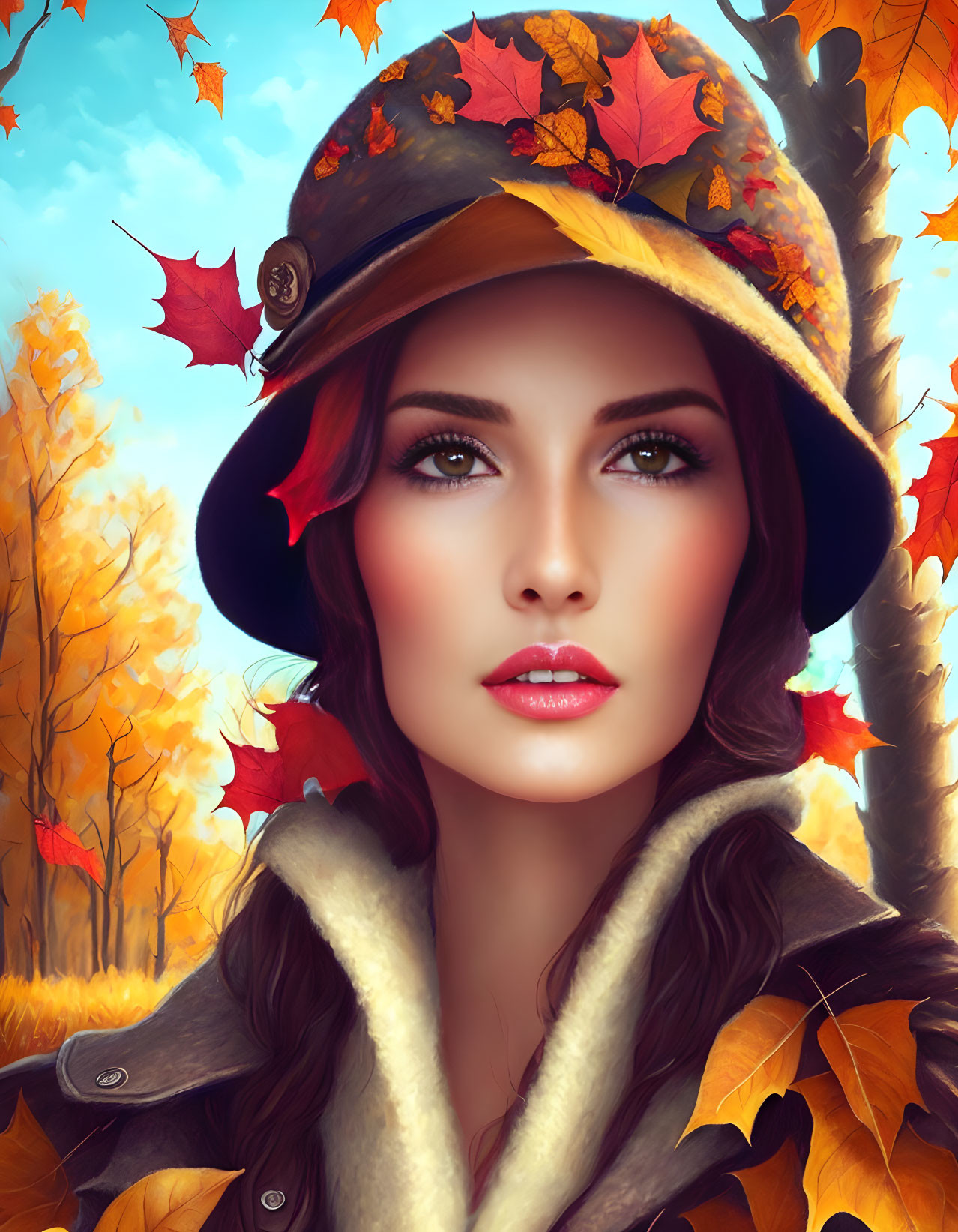 Woman with Striking Features in Military-Style Cap Amid Autumn Leaves