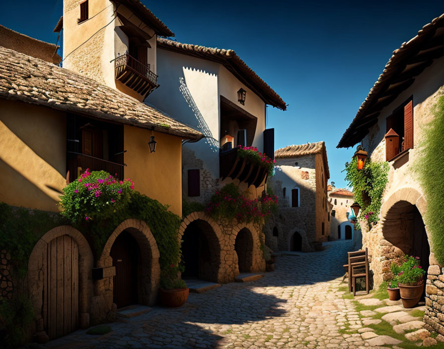 Traditional houses on cobblestone street with flowering plants under blue sky