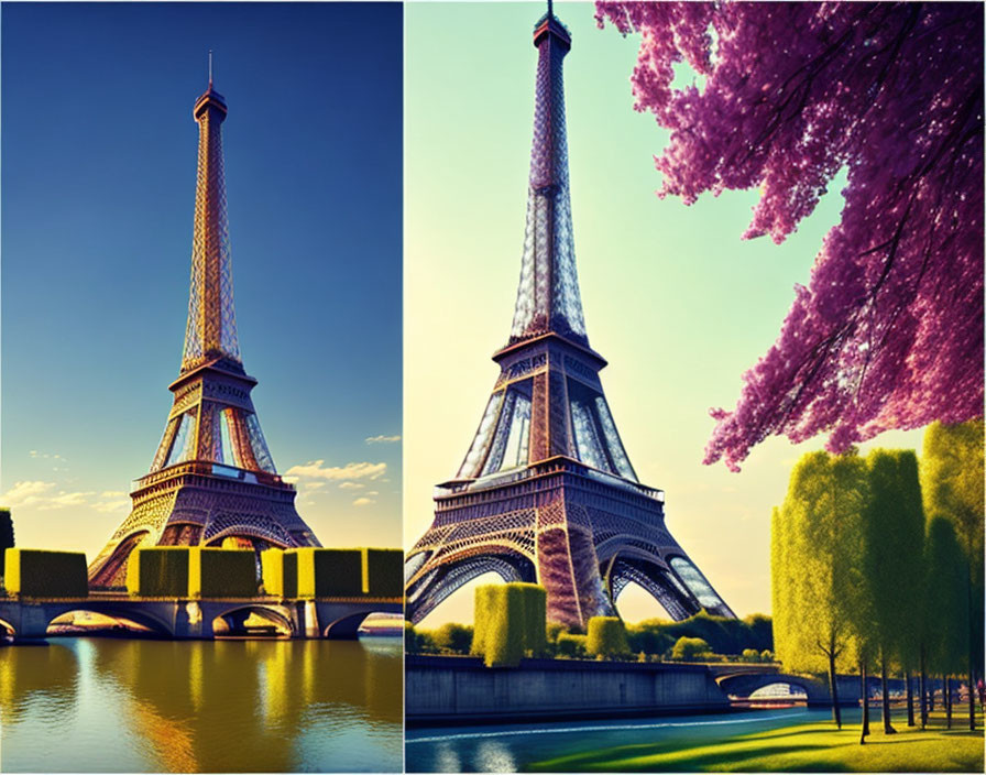 Eiffel Tower Split-View: Blue Sky & Cherry Blossoms