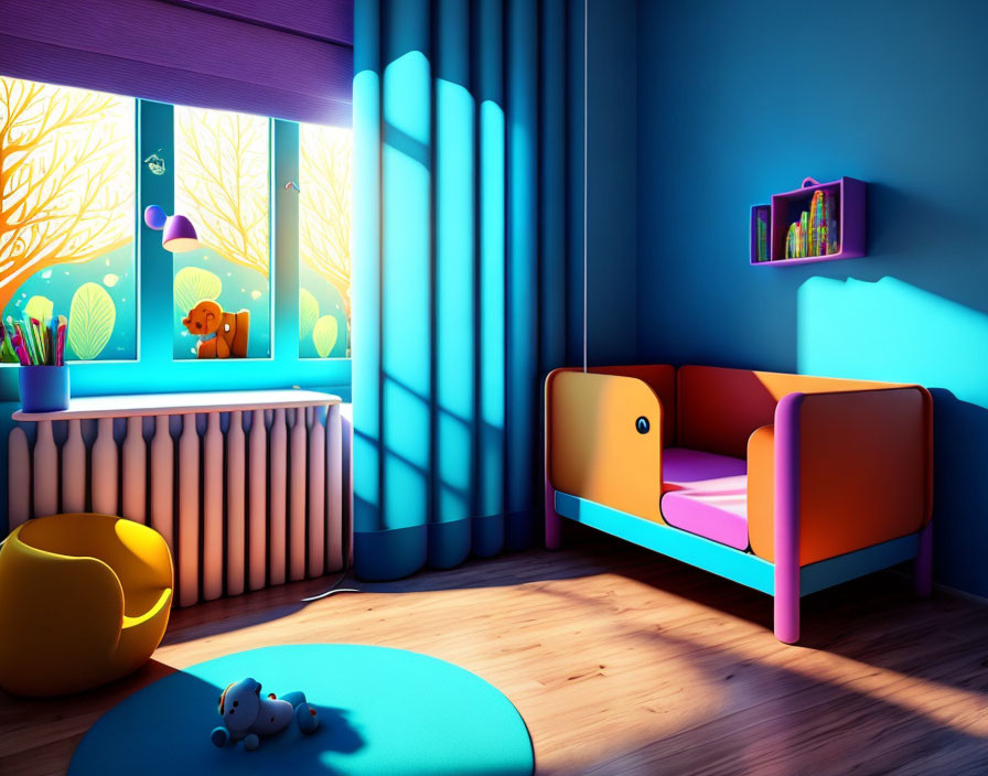 Vibrant Children's Room with Toy Sofa, Teddy Bear, and Books