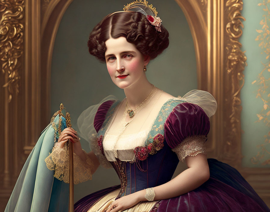 Victorian-era woman in purple and blue gown with parasol and jewelry.