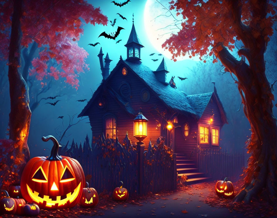 Whimsical Halloween scene with pumpkin-lit pathway, quaint house, full moon, bats, and