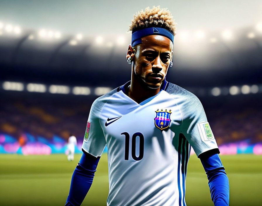 Male soccer player digital artwork: headband, number 10 jersey, stadium