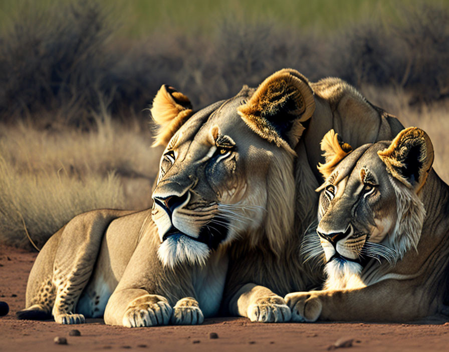 Pair of Lions Resting in Wild Grassland Environment