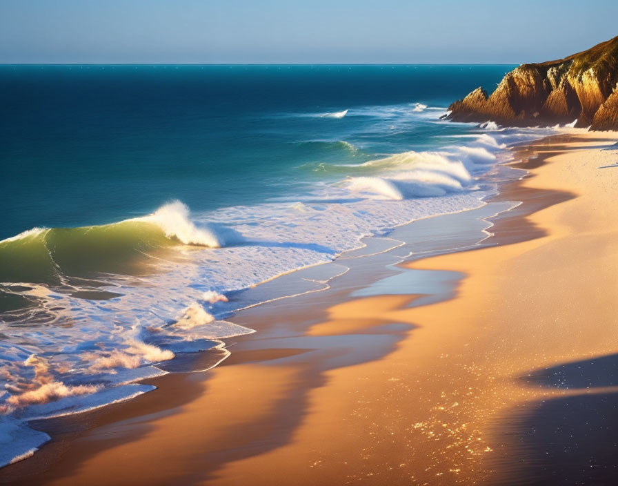 Tranquil Beach Scene with Golden Sands and Rugged Cliffs