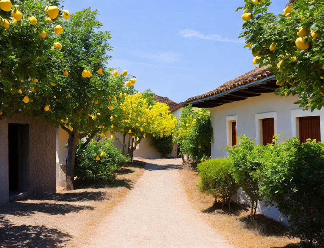 Sunny path with lemon trees to white houses under blue sky