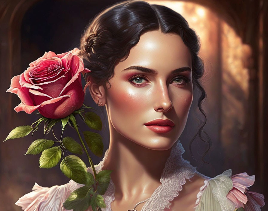 Portrait of woman with olive skin and dark hair holding pink rose in warm light