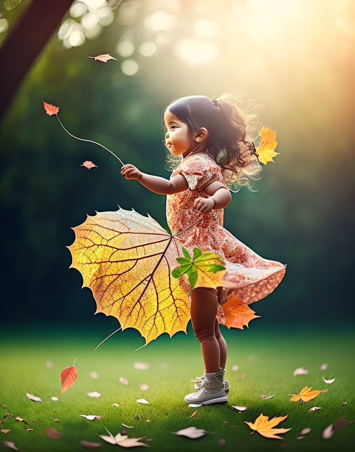 Young girl dancing with giant leaf in lush green clearing