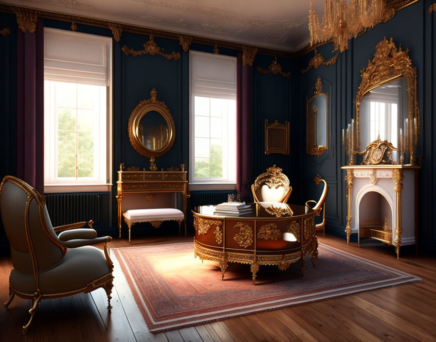 Luxurious Room with Blue Walls, Golden Trimmings, Classic Furniture, Fireplace & Large Window