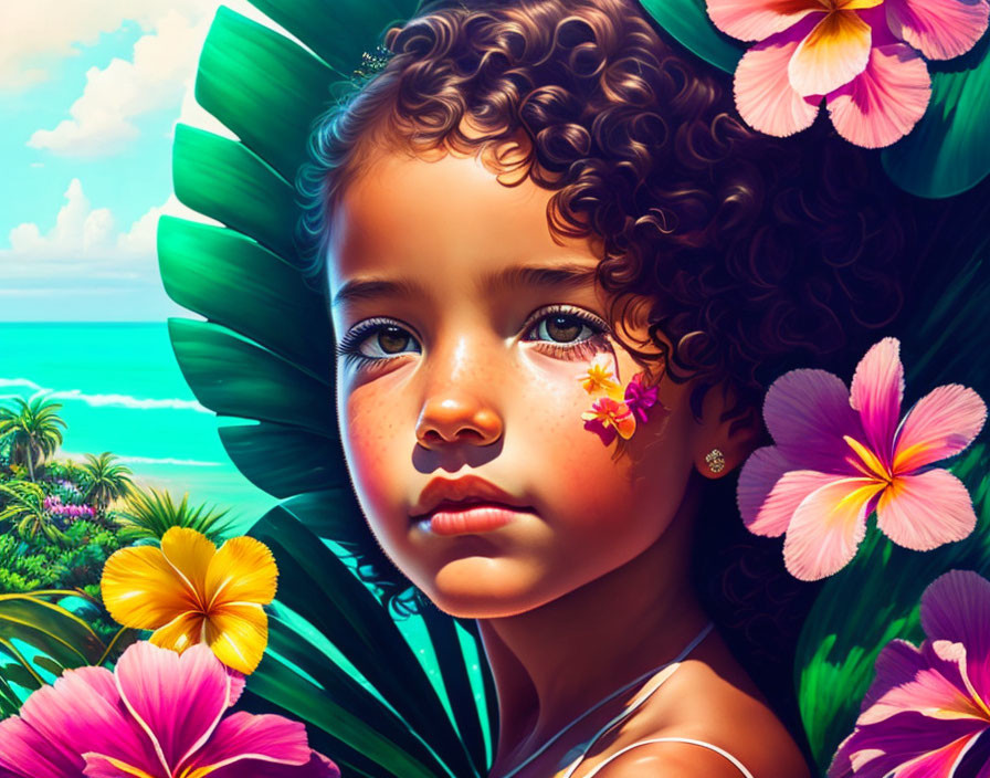 Vibrant digital portrait of young girl with curly hair in tropical setting