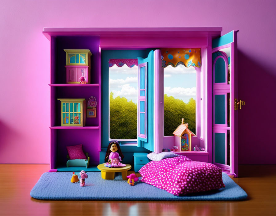 Child's room with purple theme, open window, toys, polka dot bed cover, and doll