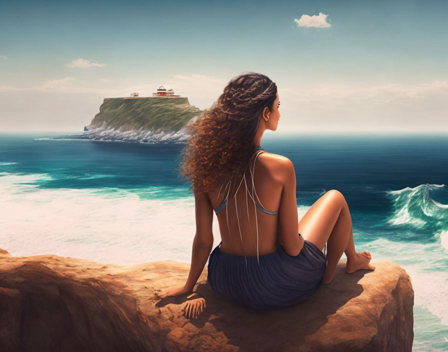 Woman overlooking ocean waves from cliff edge with distant lighthouse.